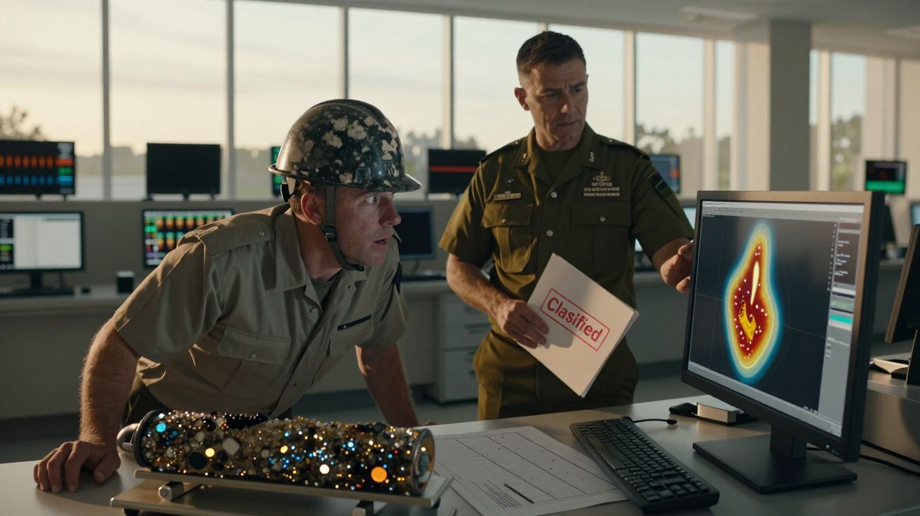 Dois militares numa sala de controlo analisam dados num computador sobre objeto metálico brilhante na mesa.