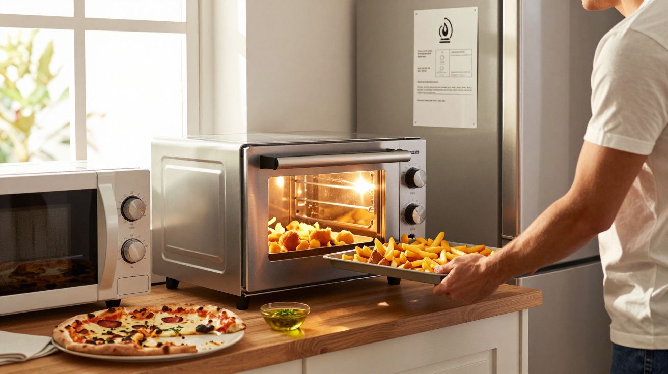 Homem a colocar tabuleiro com batatas fritas no forno elétrico numa cozinha moderna.