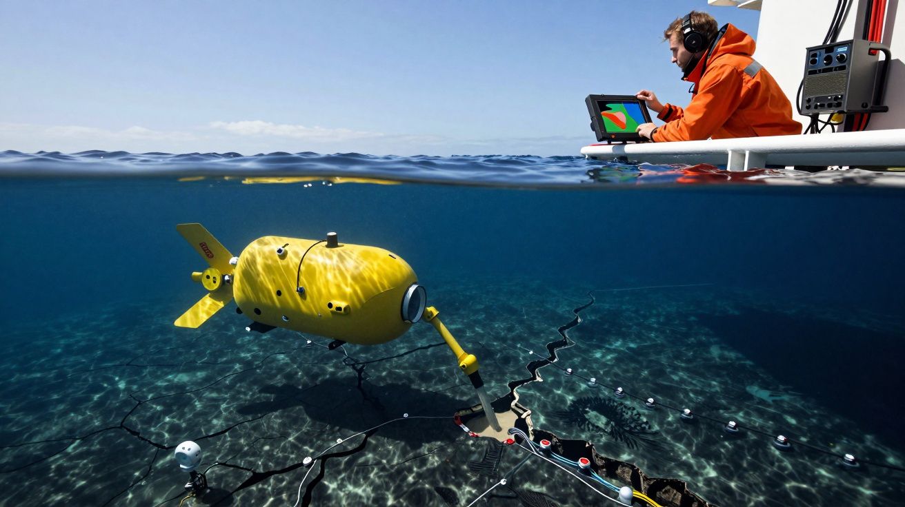 Veículo submarino amarelo controlado remotamente a recolher dados no fundo do mar, operado por técnico.