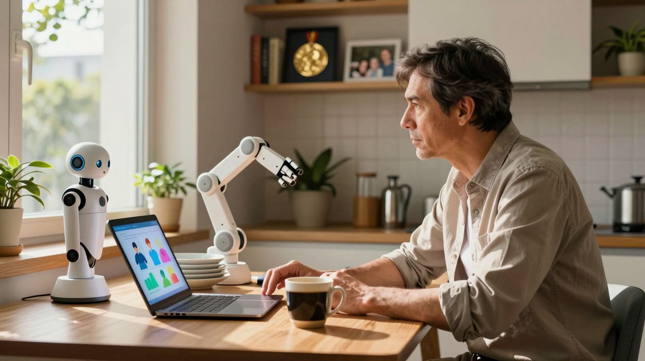 Homem sentado à mesa com portátil, robô e braço robótico numa cozinha iluminada pela janela.