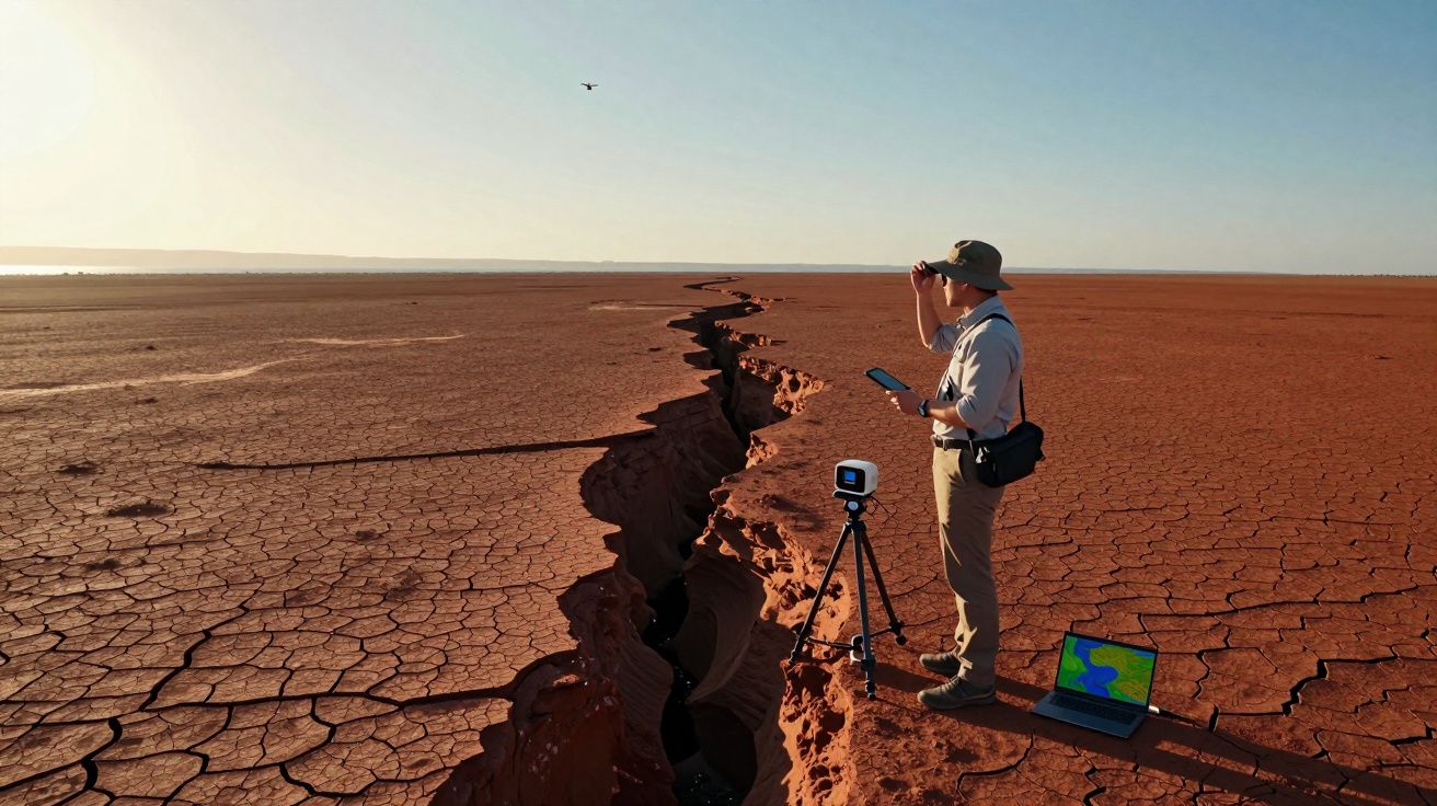Cientista a analisar uma fenda profunda num solo seco e rachado numa paisagem desértica vasta.