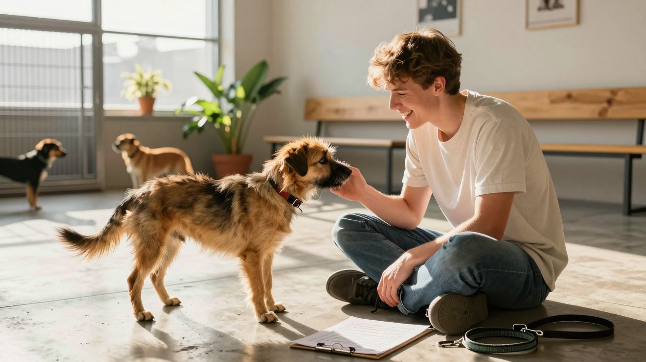 Jovem sentado no chão a acariciar um cão num espaço iluminado com mais cães ao fundo.