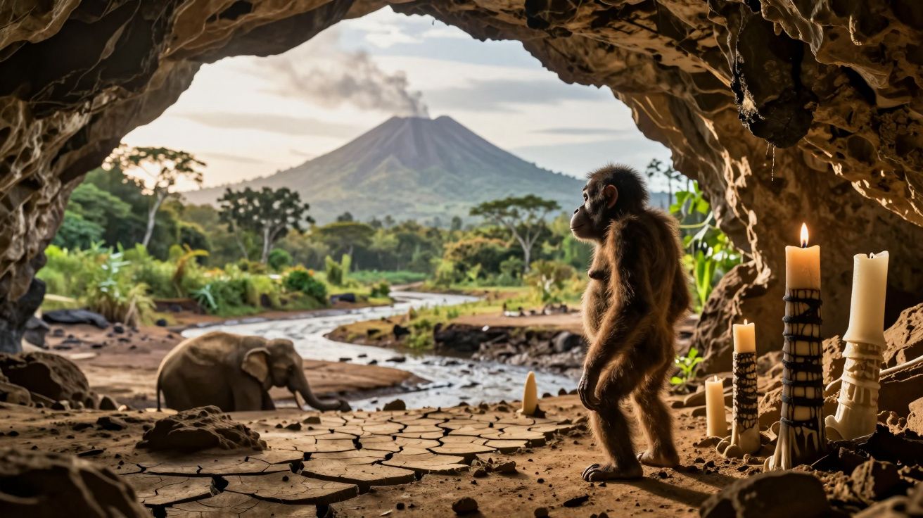 Macaco numa caverna com velas, a observar um rio, elefante e vulcão em erupção ao fundo na savana.