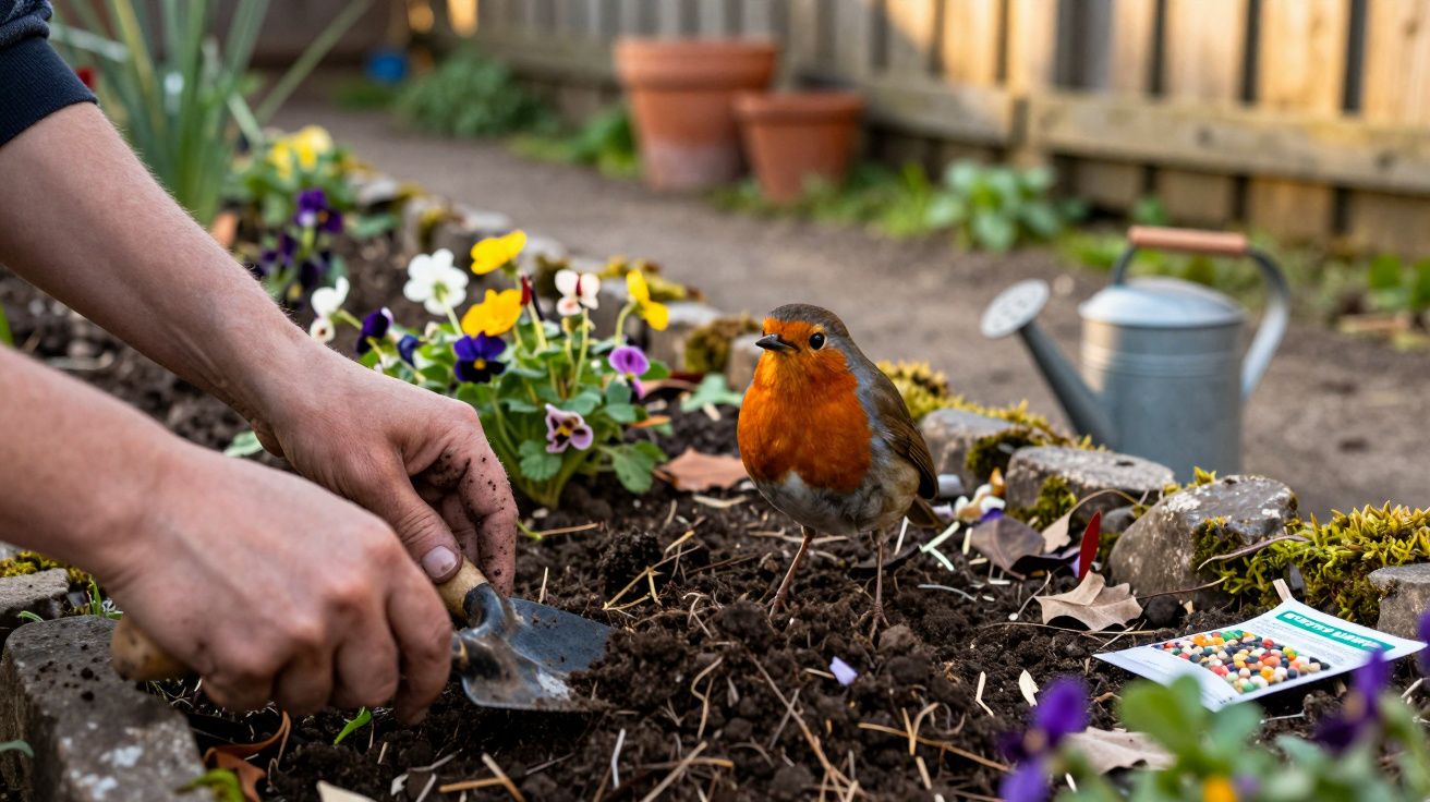 Mãos a plantar flores ao lado de um pássaro com peito laranja num jardim com regador ao fundo.
