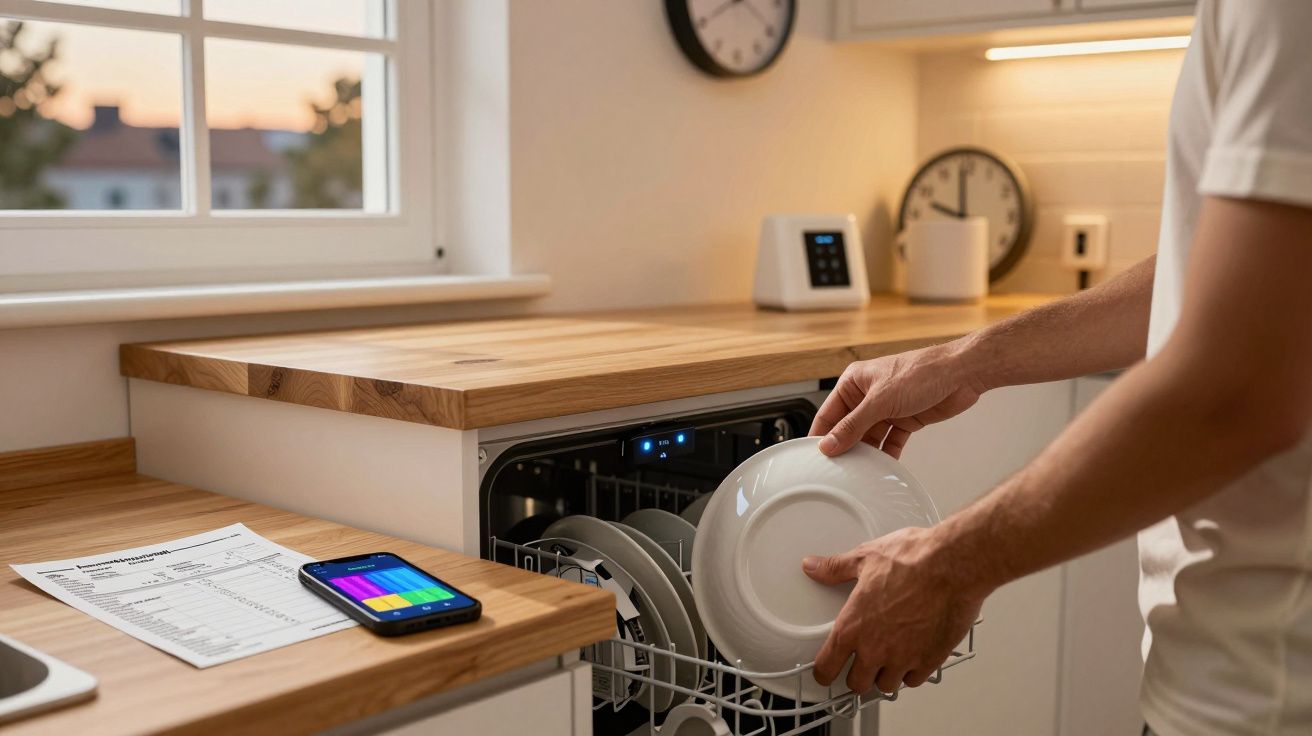 Pessoa a colocar pratos numa máquina de lavar loiça numa cozinha moderna com luz natural.