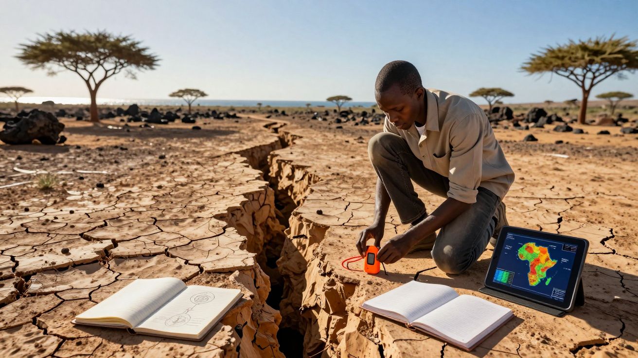 Homem analisa fenda num solo árido com cadernos abertos e tablet a mostrar mapa climático de África.