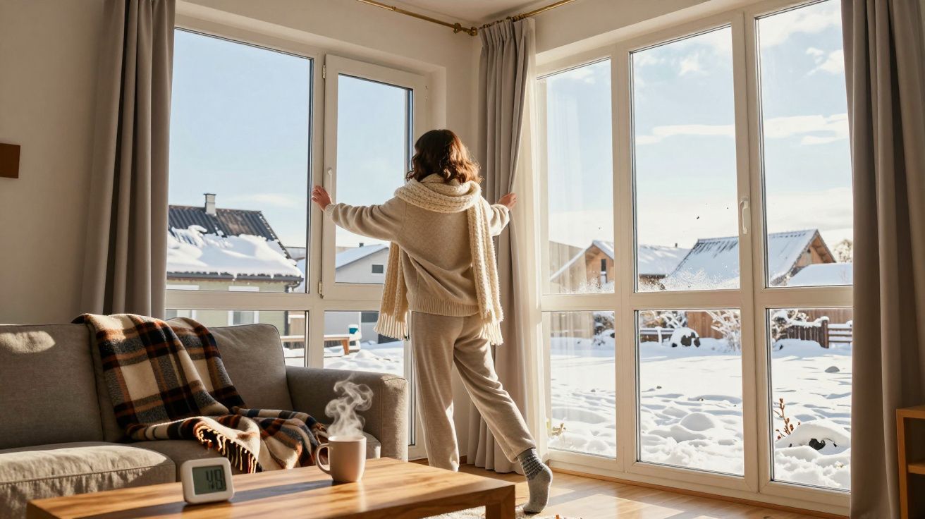 Pessoa de costas junto a janela grande a abrir cortinas para vista de neve do lado de fora numa sala acolhedora.