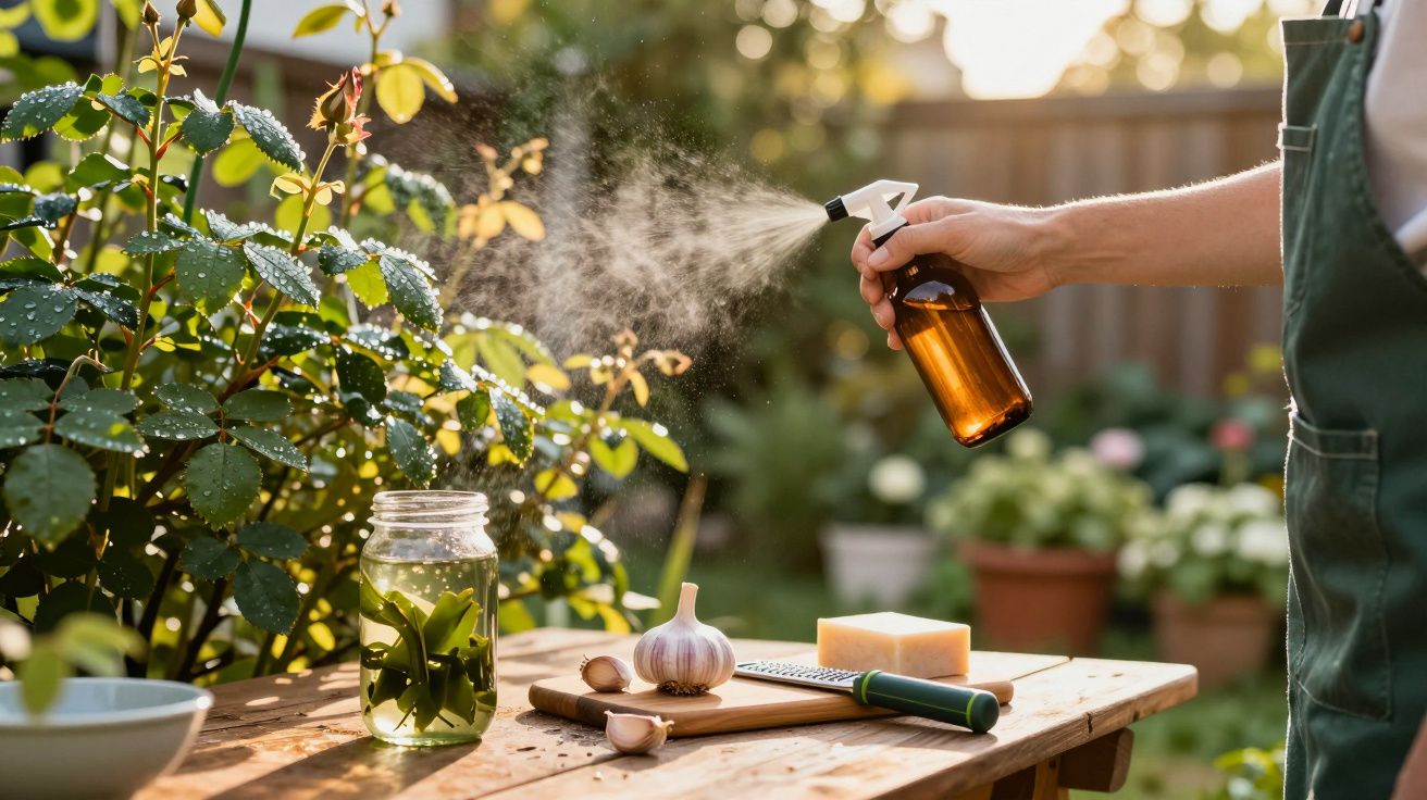 Pessoa a borrifar plantas com pulverizador num jardim iluminado, com alho e ervas na mesa de madeira.
