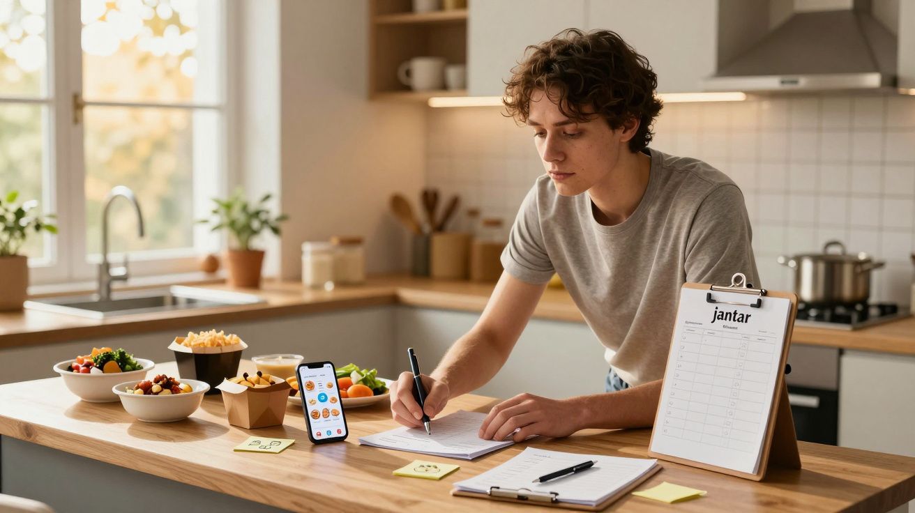 Jovem a planear o jantar na cozinha com tablet, cadernos e pratos de comida saudável à sua frente.