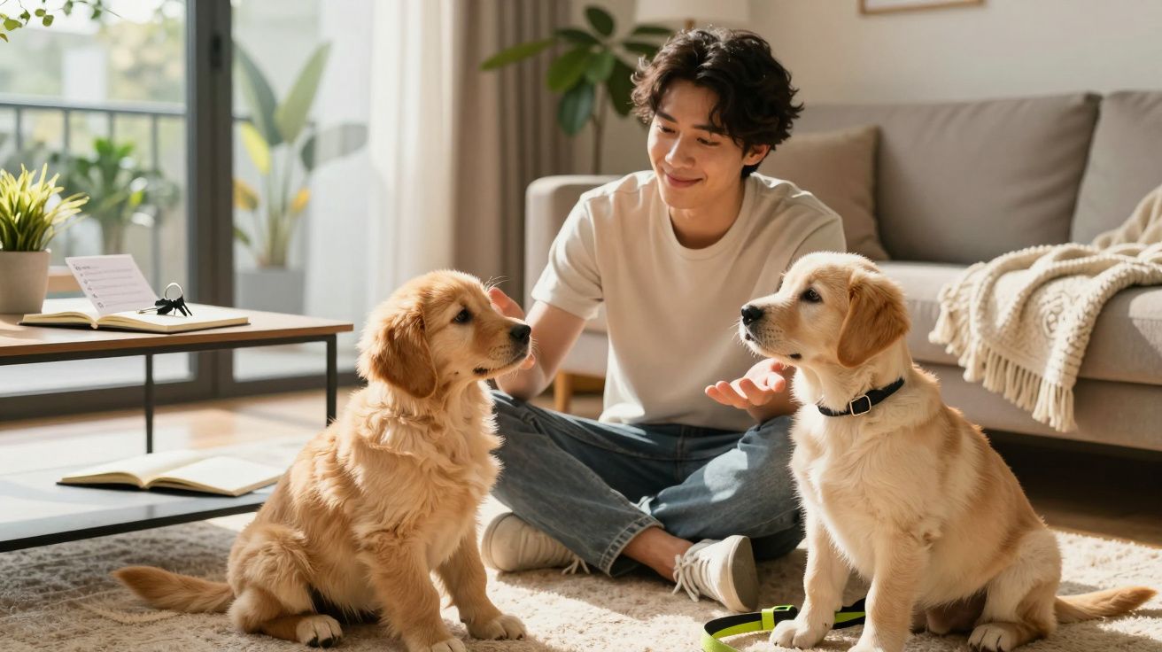 Jovem sentado no chão a brincar com dois cachorros dourados numa sala iluminada e acolhedora.