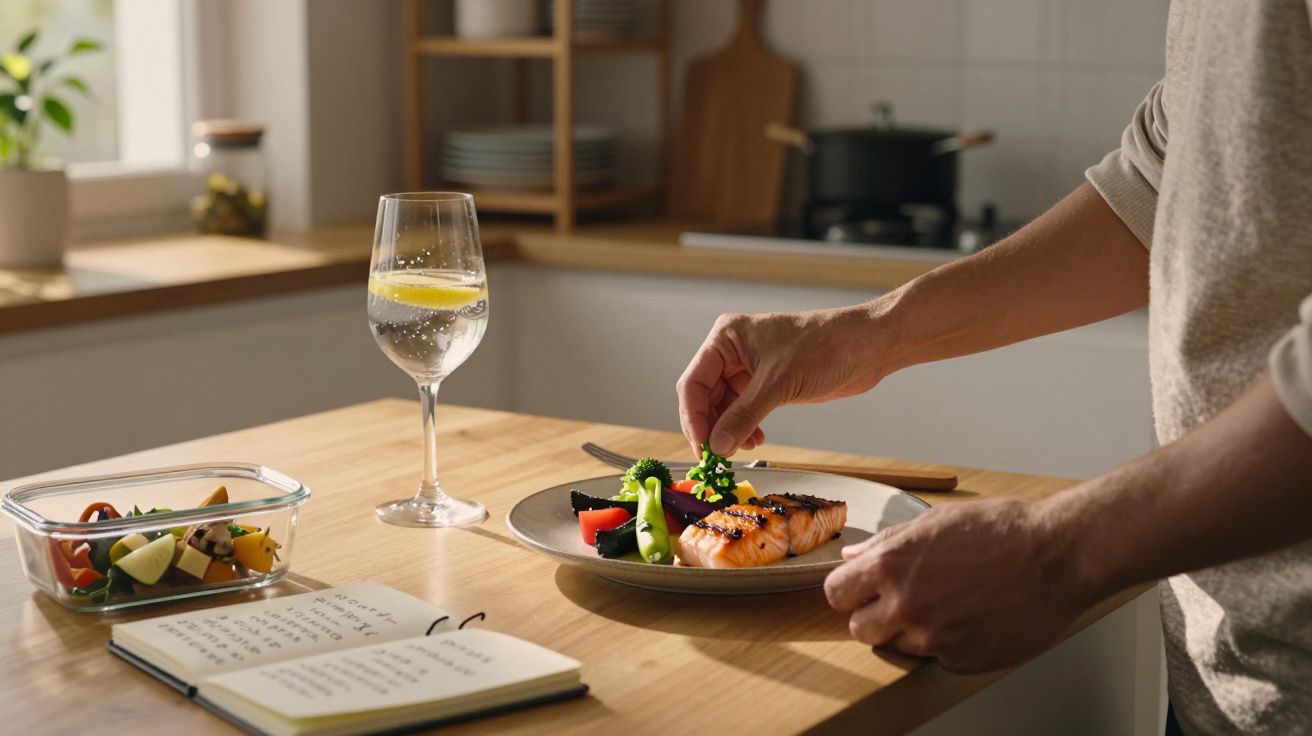 Pessoa a temperar salmão grelhado com legumes e um copo de água com limão numa cozinha moderna.