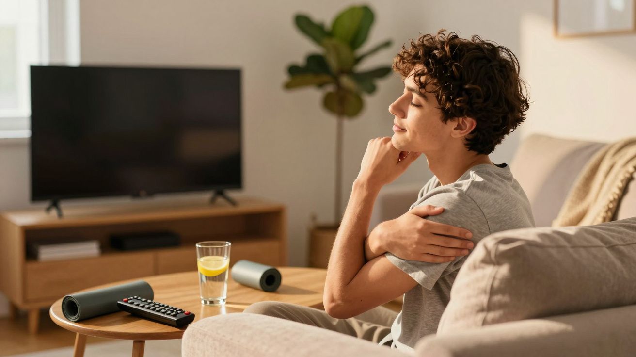 Homem relaxa sentado no sofá da sala com olhos fechados, ao lado de uma mesa com comando e copo de água.