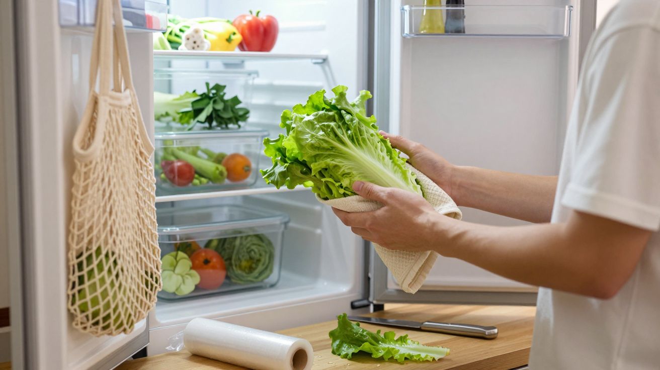 Pessoa a guardar alface numa geladeira organizada com legumes frescos e sacos reutilizáveis.