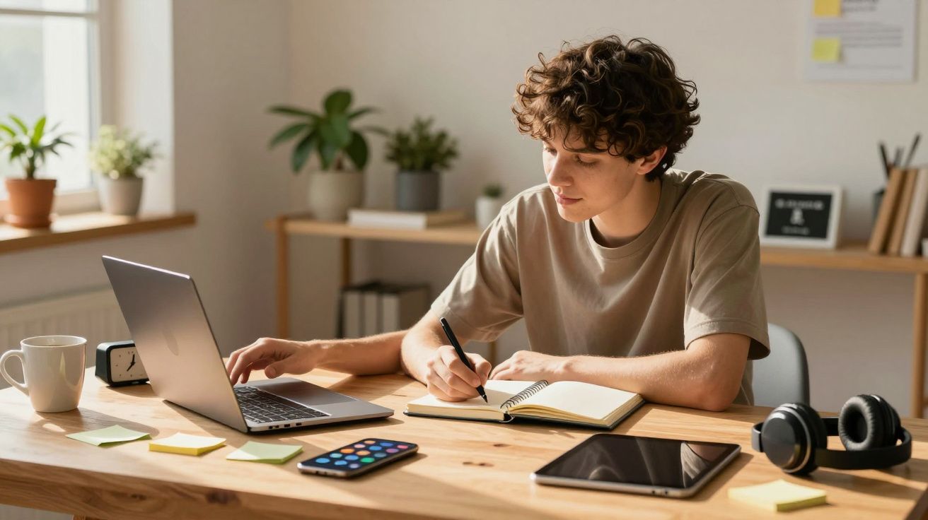 Jovem a estudar numa secretária com portátil, caderno, tablet, telemóvel e auscultadores num ambiente luminoso e organizado.