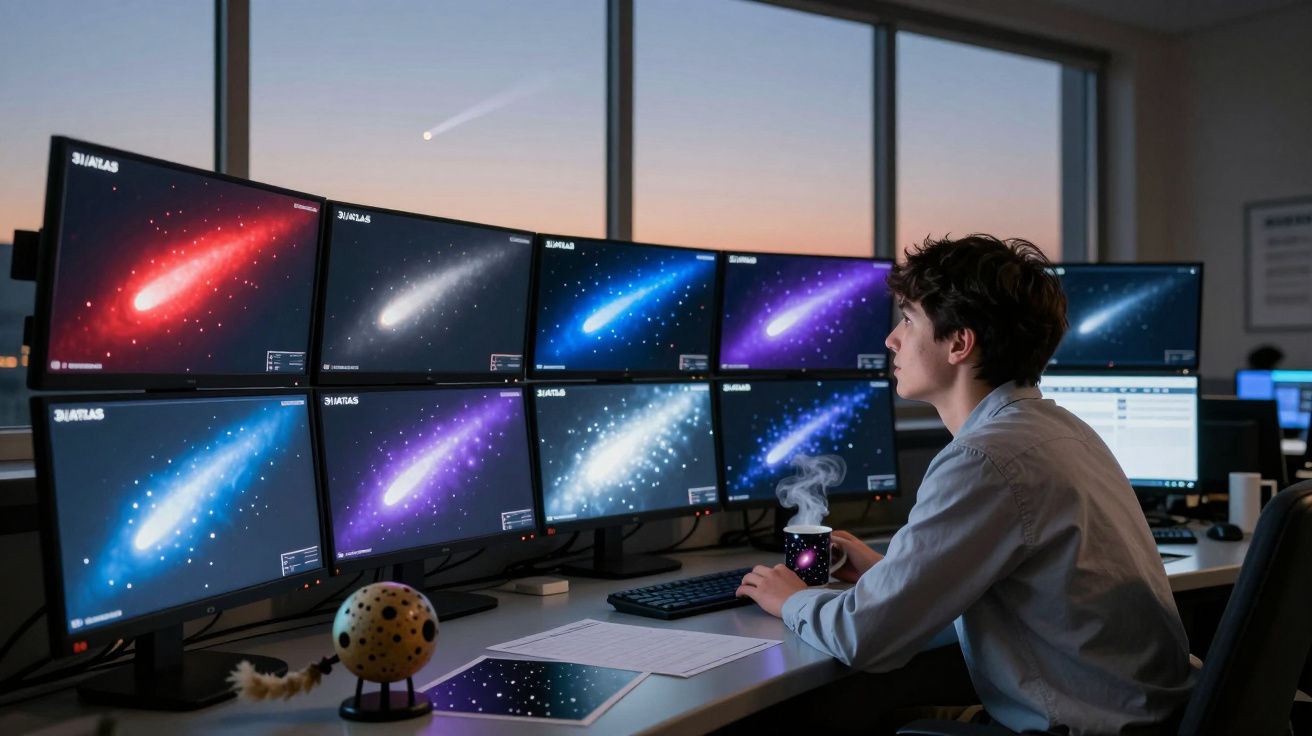 Pessoa jovem observa oito ecrãs com imagens de cometas coloridos num ambiente de trabalho tecnológico à noite.