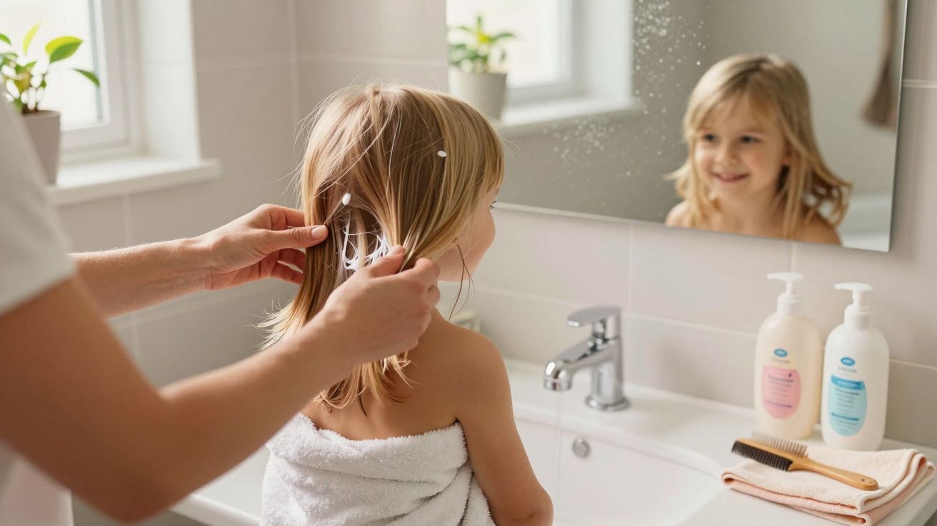 Criança com toalha ao ombro tem cabelo penteado por adulto frente ao espelho na casa de banho.