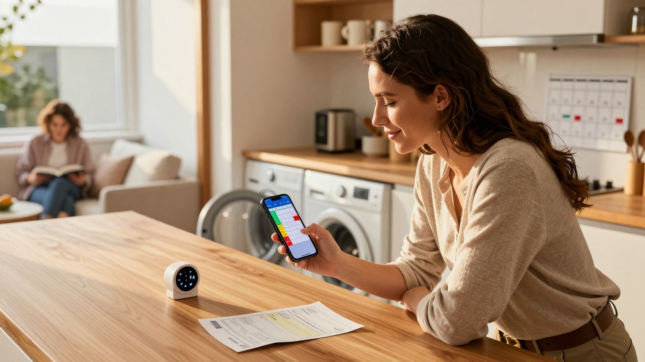 Mulher a consultar aplicação no telemóvel enquanto está numa cozinha moderna com outra pessoa ao fundo a ler.