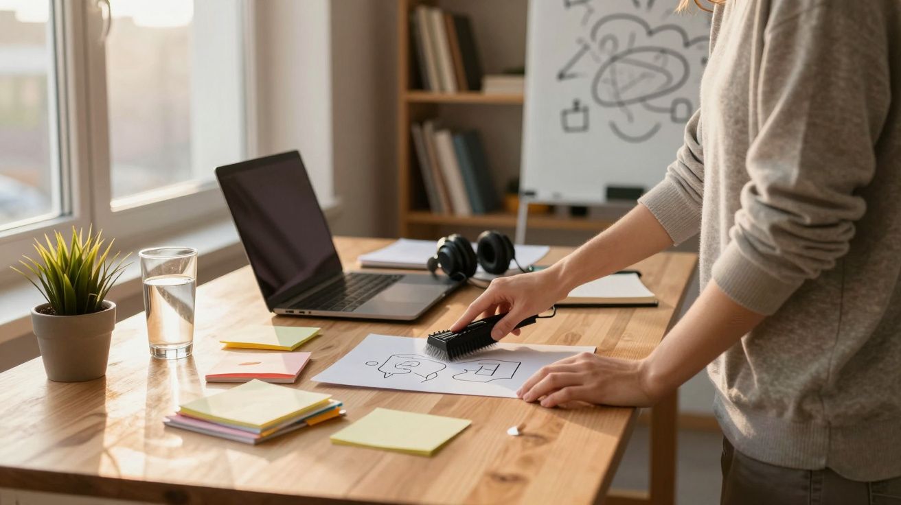 Pessoa a trabalhar numa secretária com computador portátil, papéis, post-its e planta junto à janela.