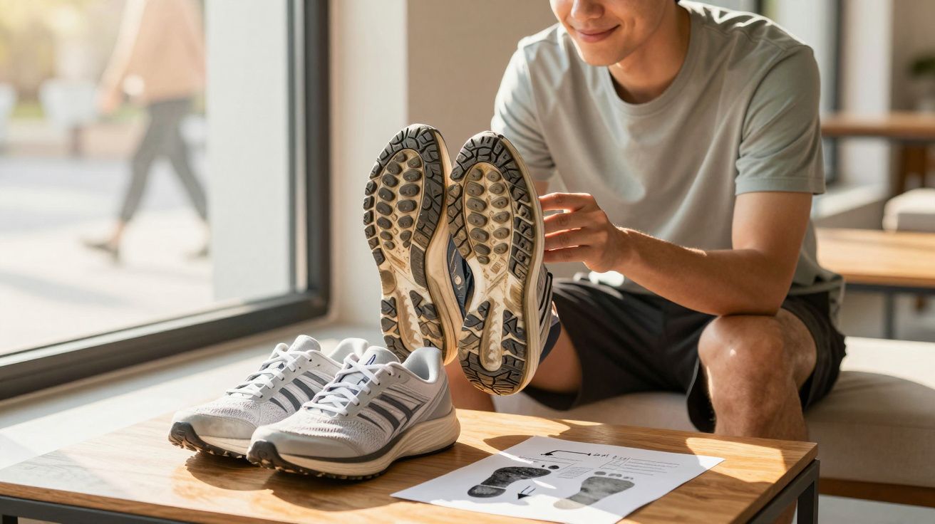 Homem sentado a segurar sapatilhas de corrida, com outra par e folha impressa numa mesa à frente.