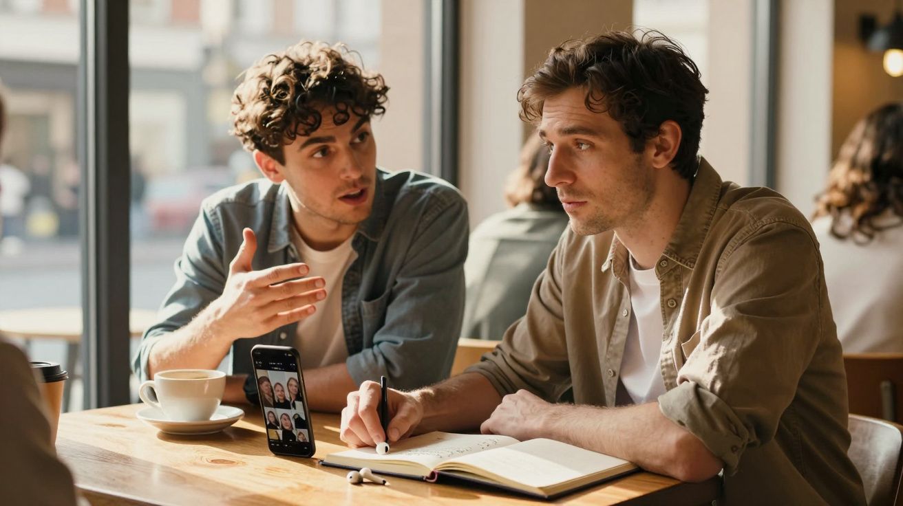 Dois homens jovens discutem e fazem anotações num café, com uma videochamada visível no telemóvel.