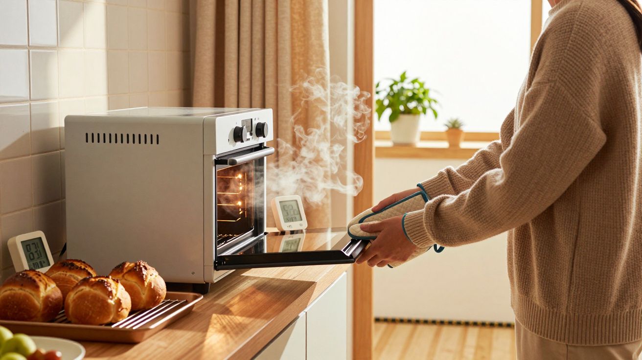 Pessoa a retirar pão quente fumegante de forno elétrico numa cozinha iluminada e acolhedora.