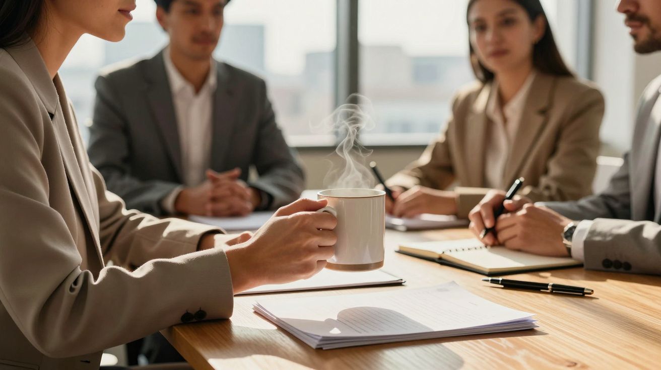 Reunião de negócios com quatro pessoas, uma segurando uma chávena de café quente à volta de uma mesa de madeira.