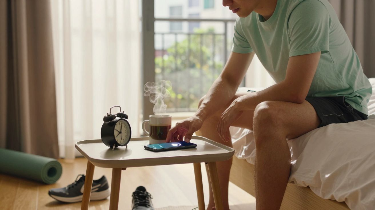 Homem sentado na cama a usar telemóvel numa mesa com despertador e chá quente.