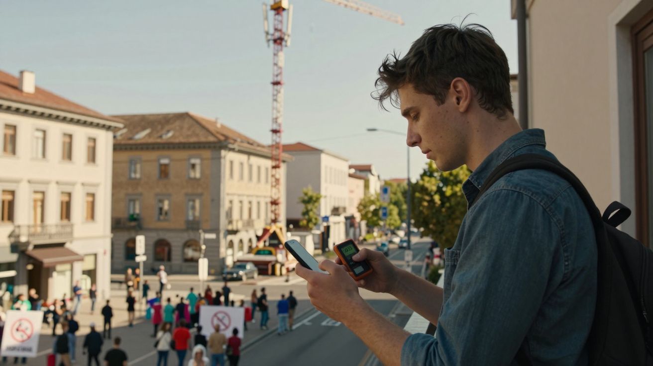 Jovem com mochila usa telemóvel numa varanda, enquanto multidão se reúne numa rua da cidade.