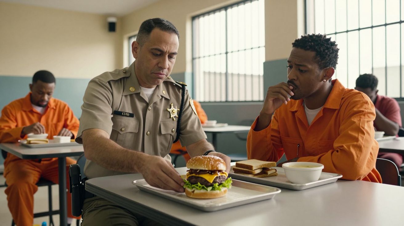 Agente prisional entrega hambúrguer a recluso sentado numa cantina prisional com outras pessoas ao fundo.