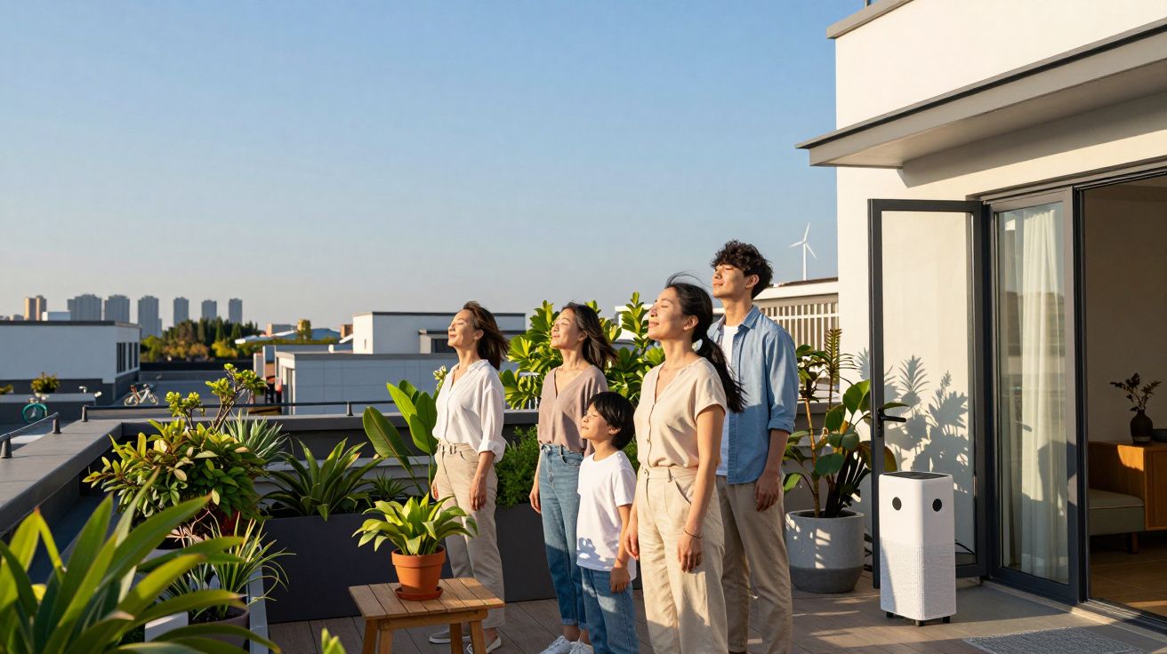 Família de cinco pessoas a desfrutar do ar fresco numa varanda com plantas ao amanhecer.