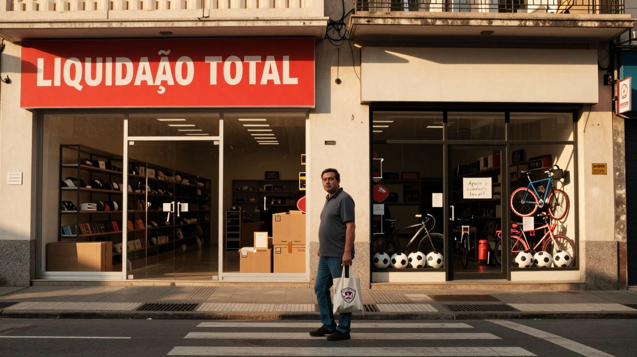 Homem atravessa passadeira em frente a loja com letreiro vermelho "liquidação total" e artigos desportivos na montra.