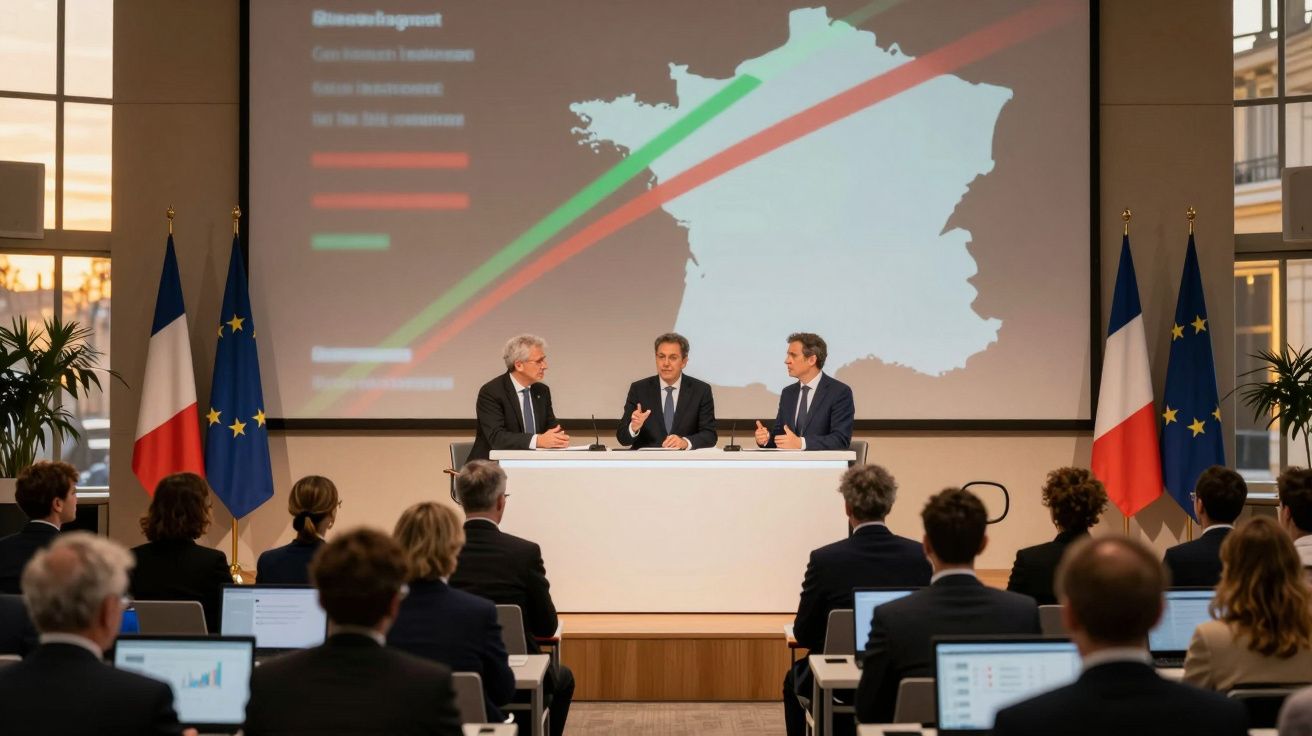 Reunião formal com três oradores e audiência, com bandeiras da França e União Europeia e mapa projetado ao fundo.