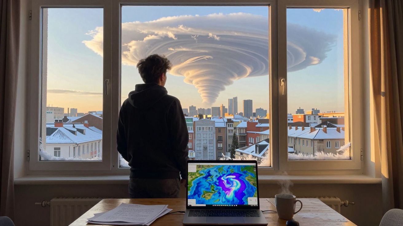 Pessoa observa nuvem em forma de tornado gigante sobre cidade nevada, vista por janela atrás de computador e mesa.