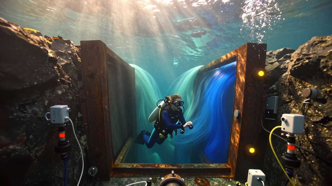 Mergulhador explora redemoinho de água azul em estrutura subaquática entre rochas e câmaras de filmagem.