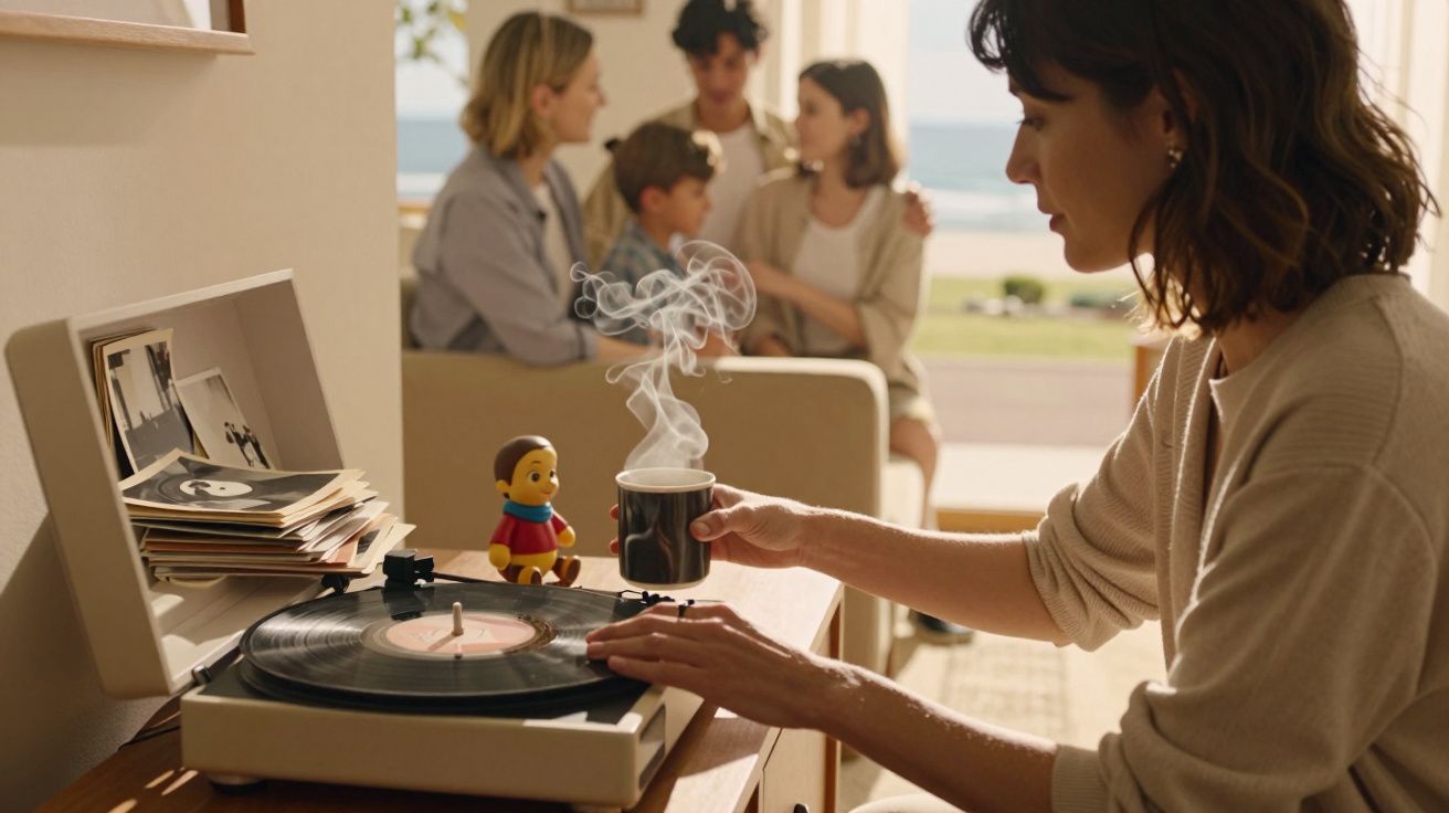 Pessoa a ouvir disco de vinil e a segurar chávena quente, com família ao fundo numa sala iluminada.