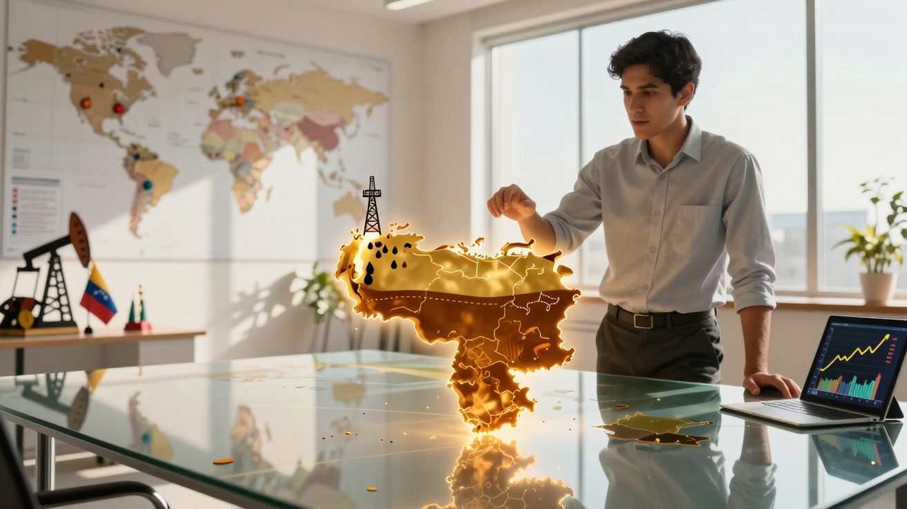 Homem analisa mapa digital iluminado da Venezuela com ícones de petróleo e gráficos num escritório moderno.