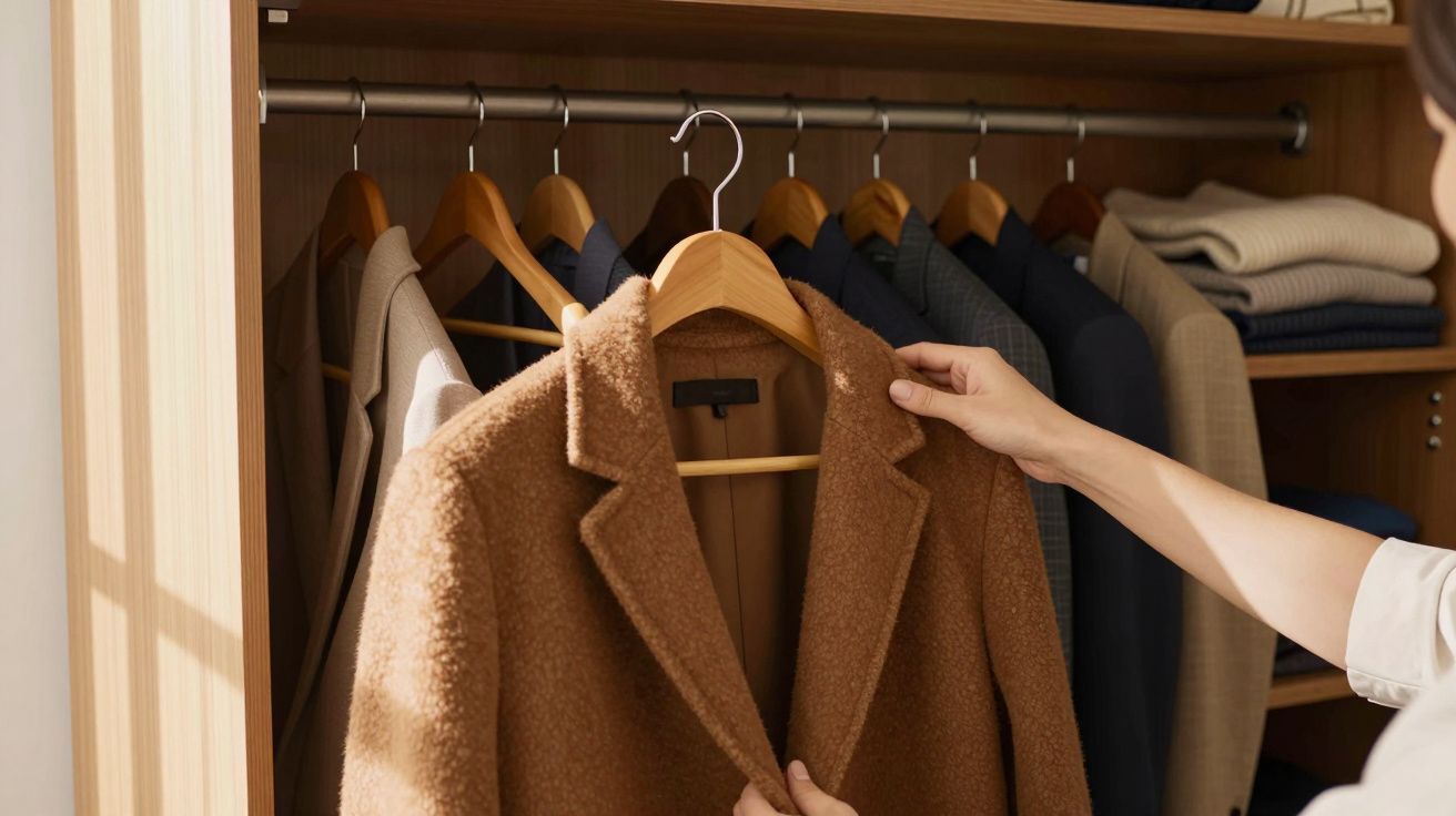Pessoa a escolher um casaco castanho pendurado num armário com vários casacos e roupas dobradas.