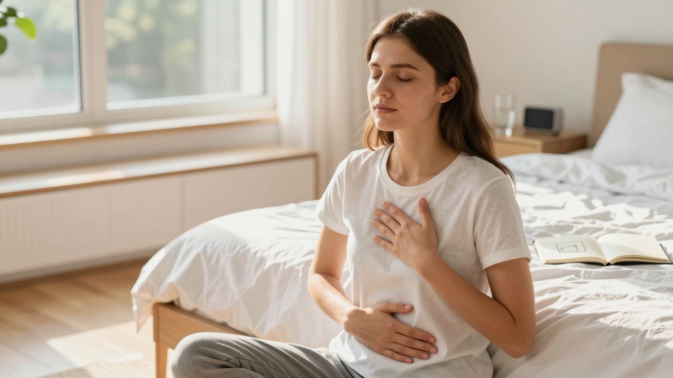Mulher jovem sentada no quarto a praticar respiração profunda com mãos no peito e barriga.