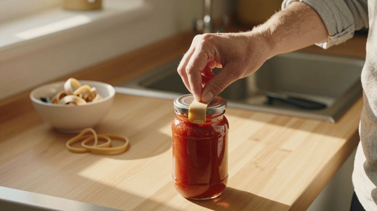 Mão a colocar fita de borracha para vedar frasco de vidro com molho vermelho numa bancada de cozinha.