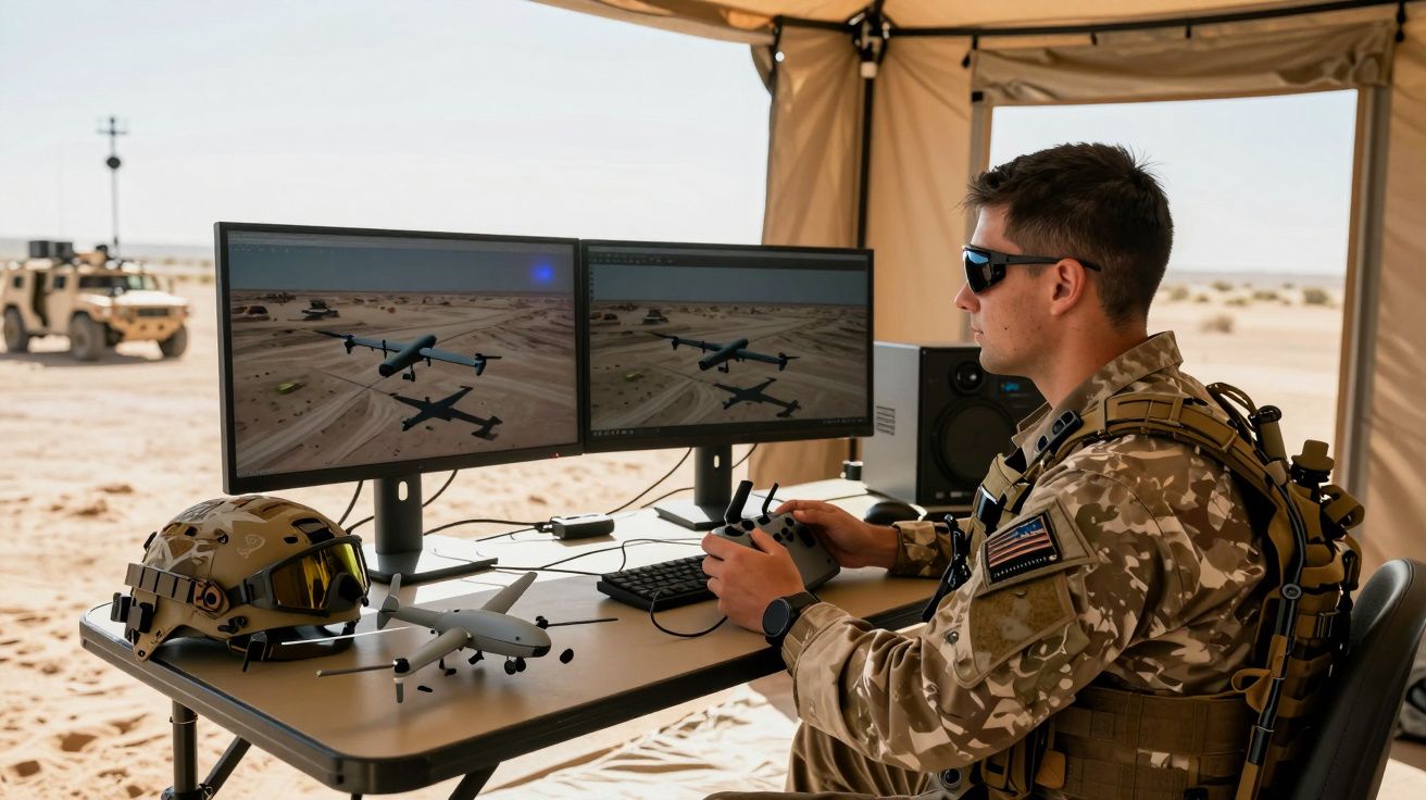 Soldado a controlar um drone militar em duas telas num ambiente desértico, dentro de uma tenda.
