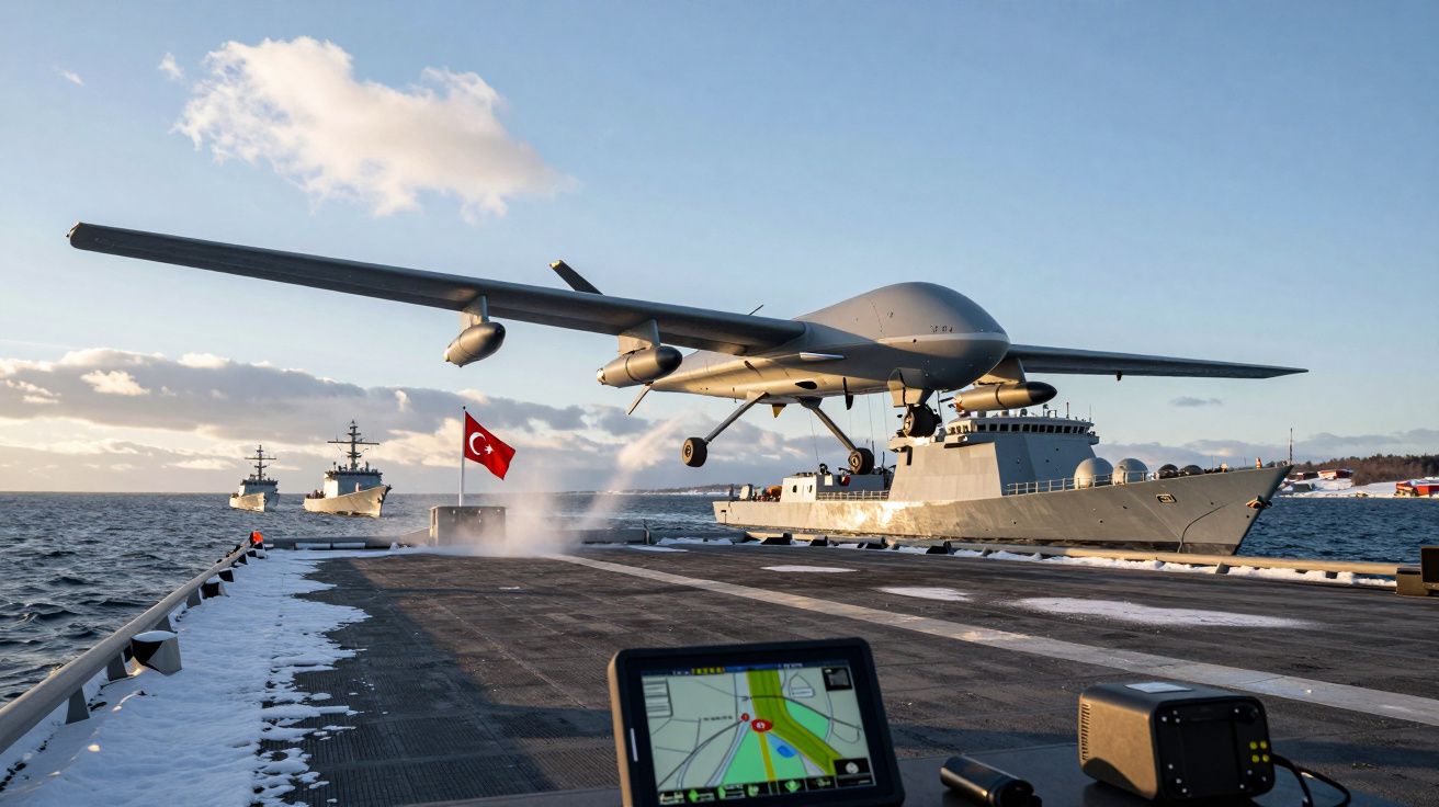 Drone militar descolando de um navio de guerra turco no mar com outros navios ao fundo ao pôr do sol.