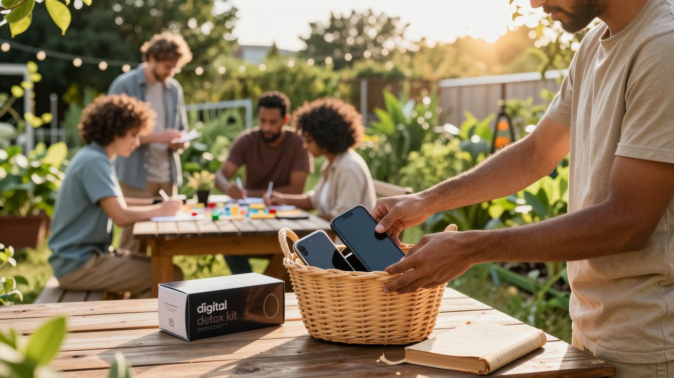 Pessoa a colocar telemóveis numa cesta ao ar livre, grupo socializa ao fundo numa mesa com atividades manuais.