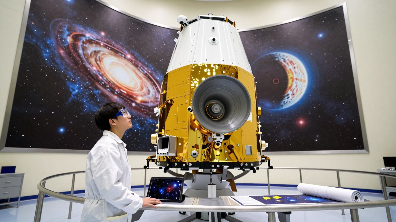 Engenheiro em jaleco branco observa satélite dourado em laboratório com imagens do espaço ao fundo.