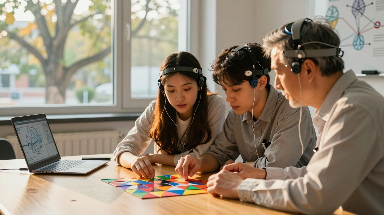 Três pessoas com EEG a jogar um jogo de tabuleiro colorido num escritório luminoso junto a um computador portátil.