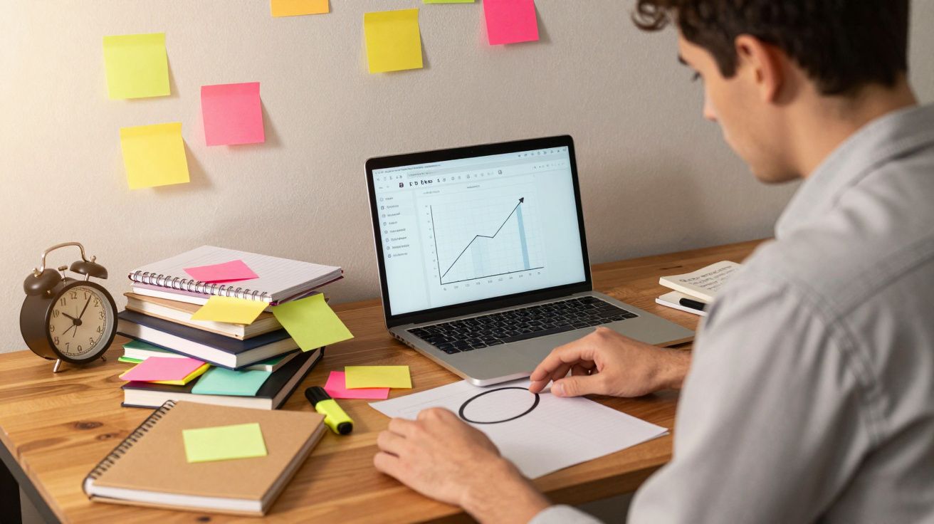 Homem a analisar gráficos num portátil, rodeado de livros, post-its coloridos e cadernos numa secretária.