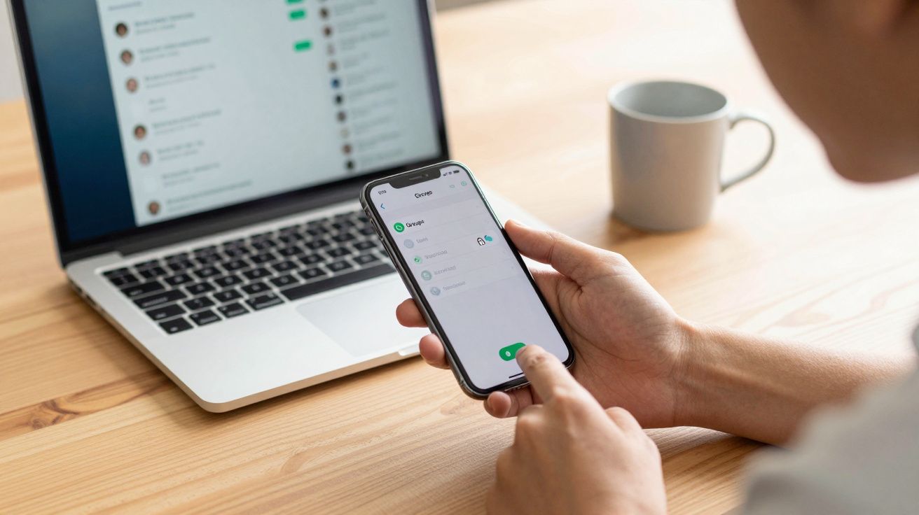 Pessoa a usar smartphone com aplicação aberta, ao lado de portátil e caneca numa mesa de madeira clara.