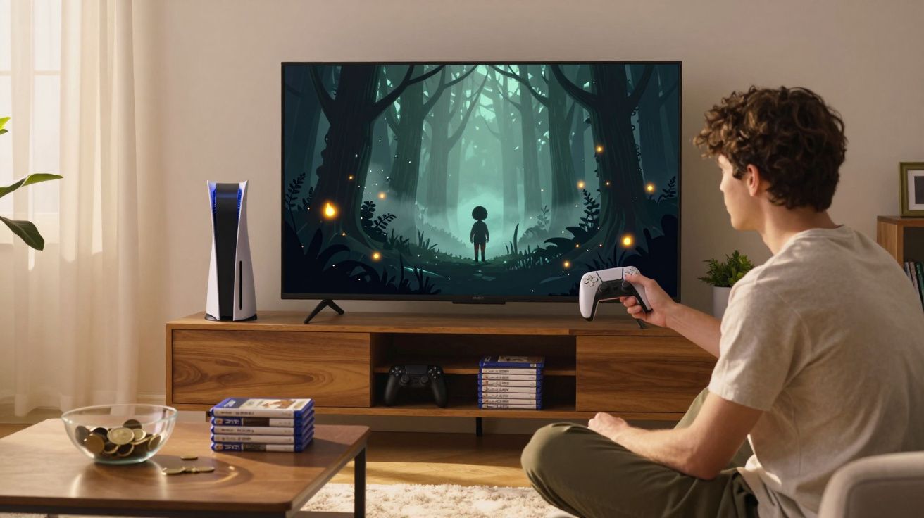 Jovem sentado a jogar videojogo numa sala com consola PlayStation 5 e televisão com imagem de floresta escura.