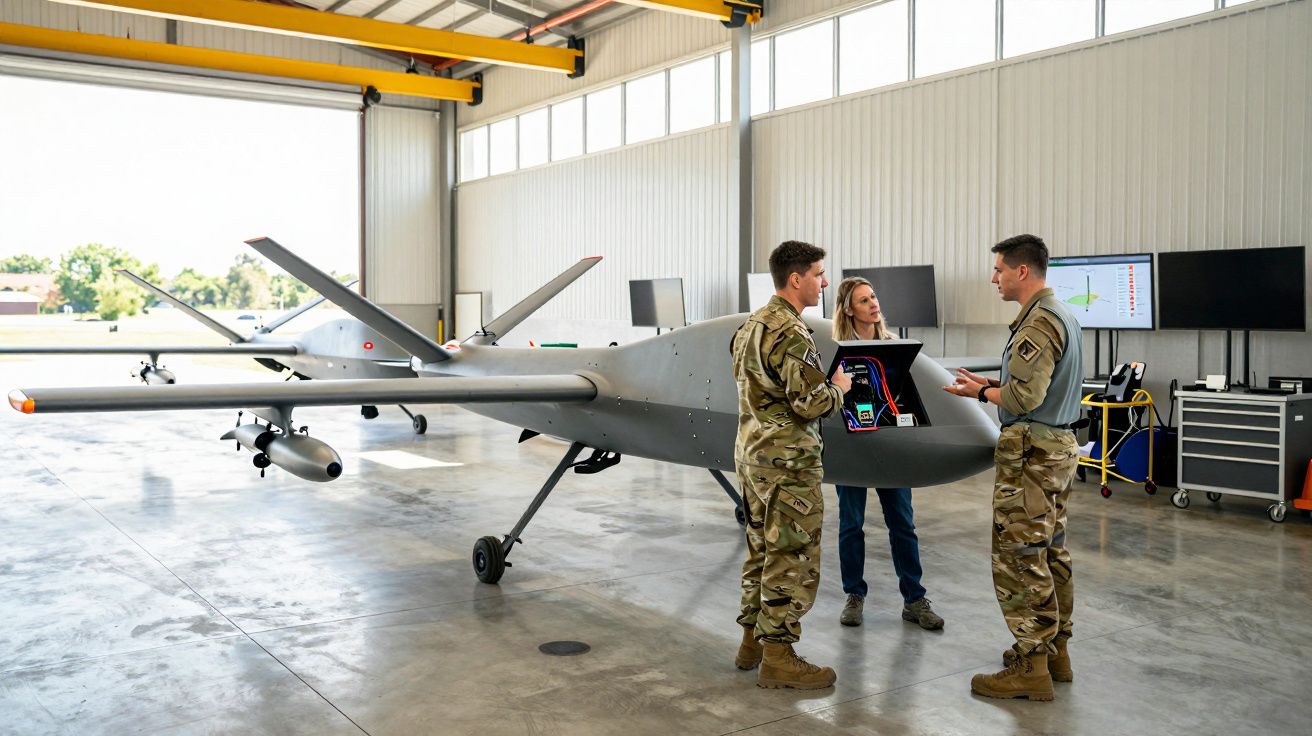 Três militares analisam equipamento eletrônico no interior de um drone em hangar espaçoso e iluminado.