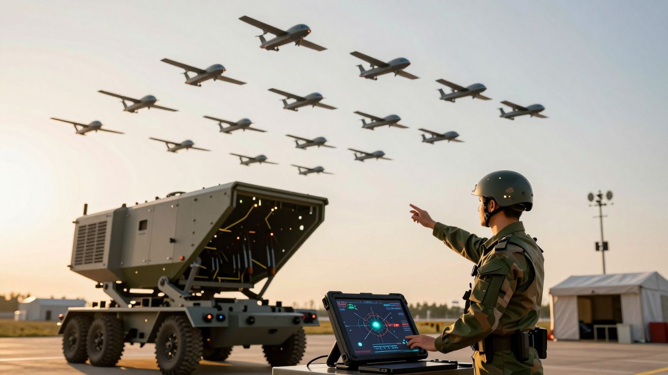 Soldado com controlador tátil e veículo militar operando drones voadores num desfile aéreo ao pôr do sol.