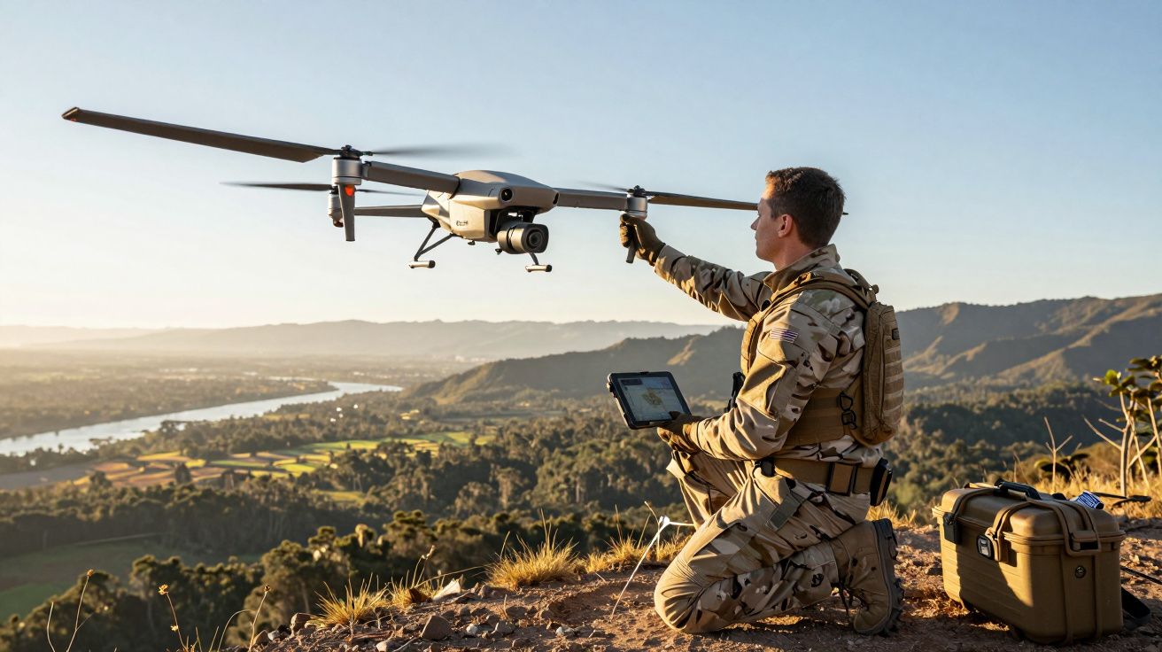 Soldado controla drone sobre colina com paisagem natural ao fundo ao pôr do sol.